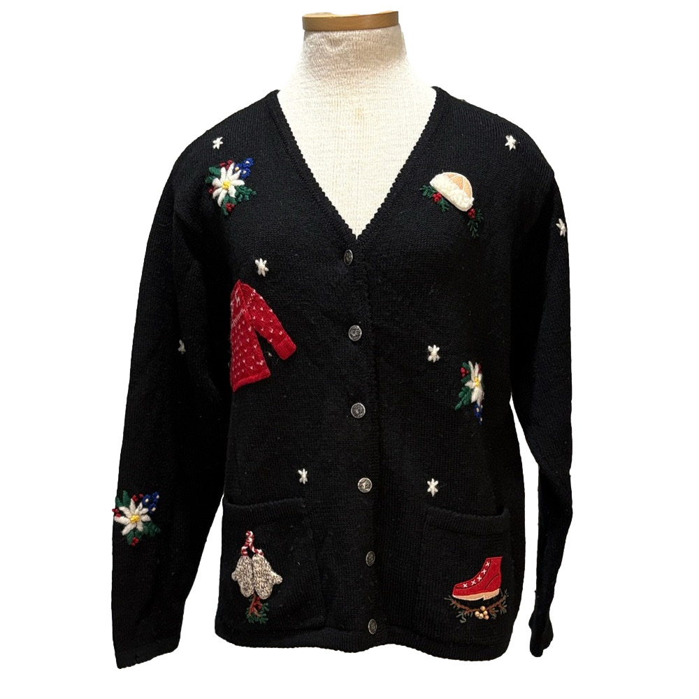 Talbots vintage sz M black 100% wool  cardigan with embroidery